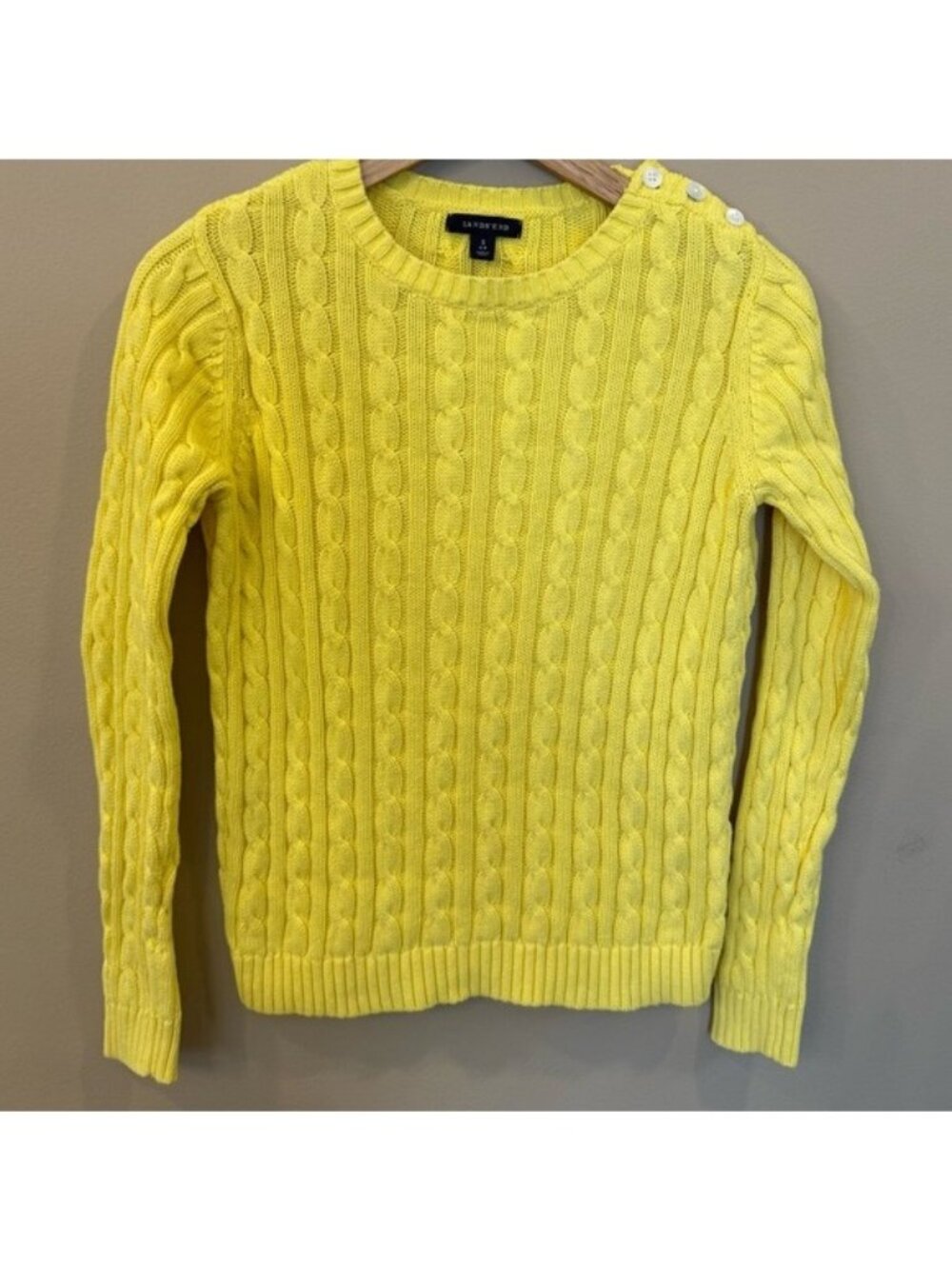 Lands' End Sweater Women's Yellow Cable Knit Crewneck Sweater Size Small Cotton